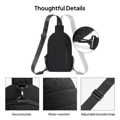 TOPEAST Sling Bag for Women, Anti-Theft Crossbody Bag with RFID Blocking & Water Bottle Holder for Travel, Lightweight Puffer Cross body Purse for Daily Hiking, Water-resistant, Black