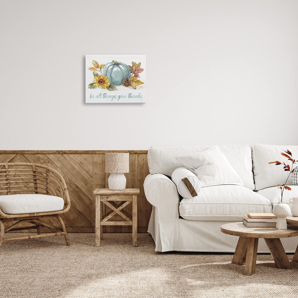 Stupell Industries in All Things Give Thanks Sentiment Blue Pumpkin, Designed by Nan Canvas Wall Art, 20 x 16, Off- White