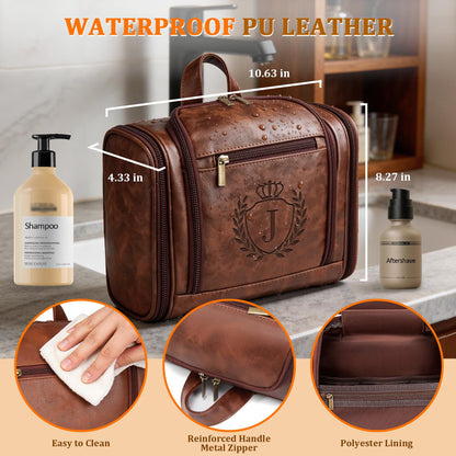 Aganmi Personalized Fathers Day Birthday Gifts for Husband Dad Grandpa Papa from Daughter Son, Unique Mens Large Leather Travel Toiletry Bag Hanging Shaving Dopp Kit Bathroom Shower Cognac Letter J