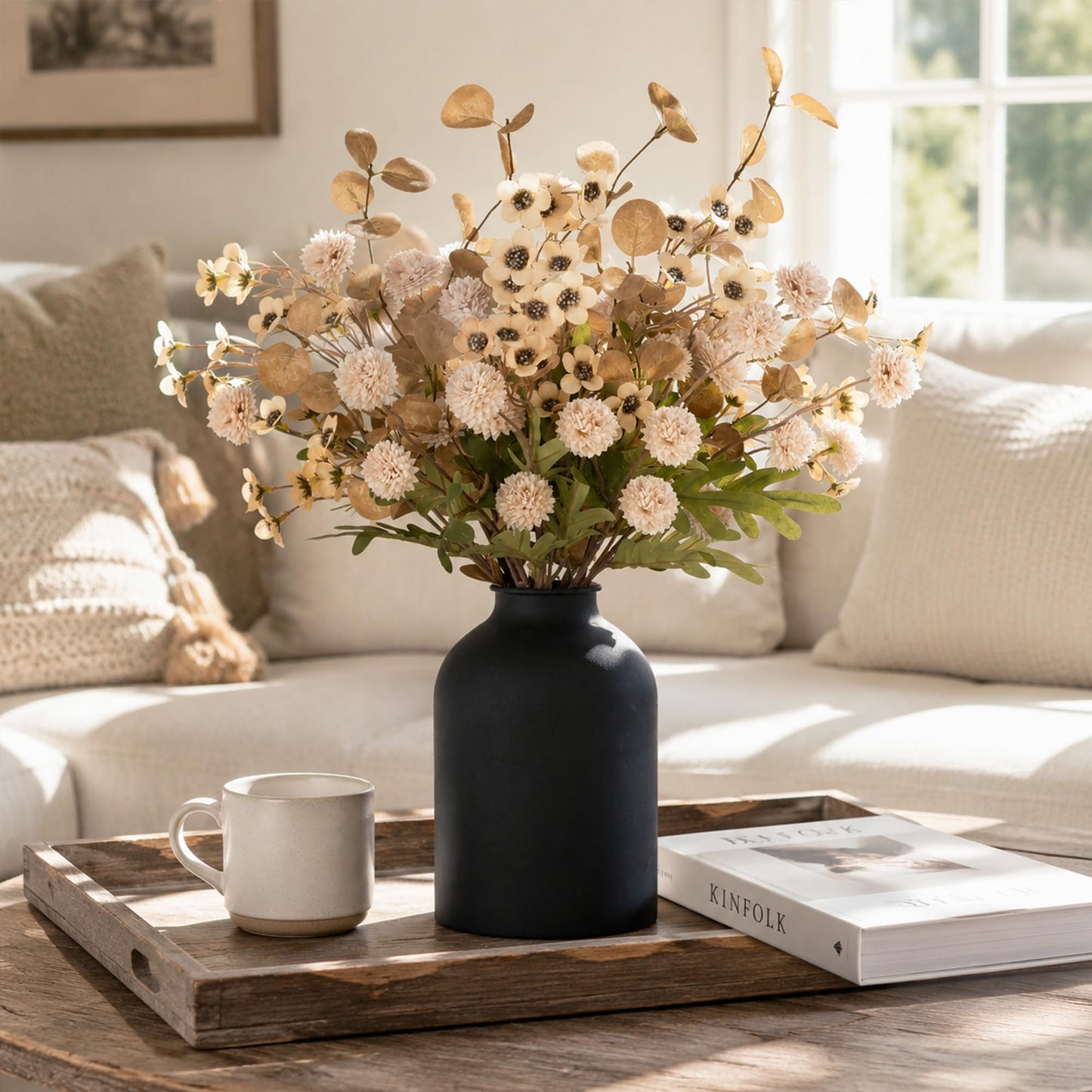 BLOSMON Beige Faux Flowers in Vase: Metal Vase with 12 Stems of Fake Mums Wax Eucalyptuses for Dining Table Centerpiece Decor - Artificial Silk Kiku Pom Poms Wild Farmhouse Floral Arrangements