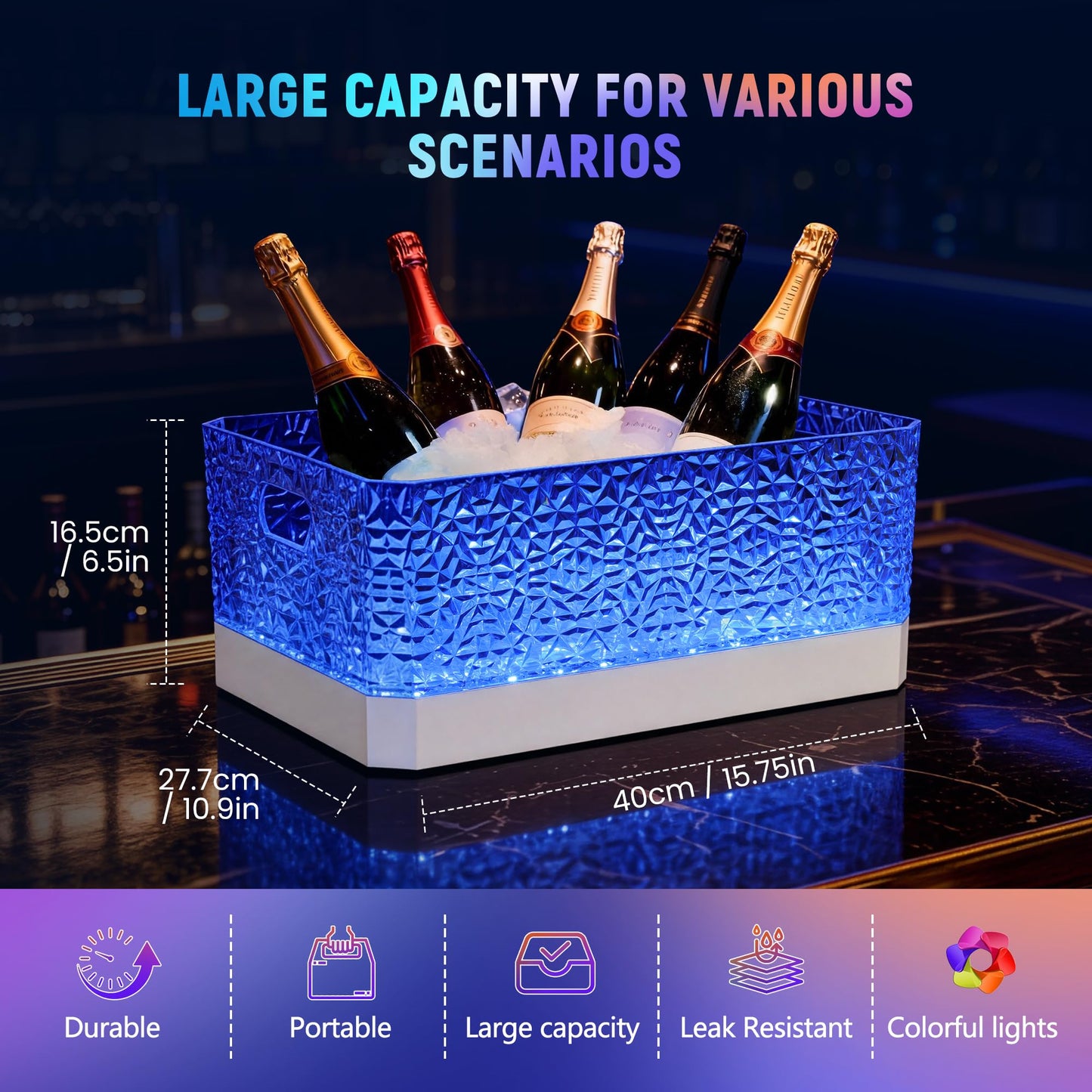 FUNDLEDMI 15L LED Ice Bucket for Parties, Rechargeable 7-Color Changing Light Up Beverage Tub, Clear Acrylic Wine & Champagne Drink Cooler, Leakproof Party Tub for Home Bar & Outdoor Entertaining