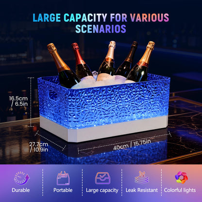 FUNDLEDMI 15L LED Ice Bucket for Parties, Rechargeable 7-Color Changing Light Up Beverage Tub, Clear Acrylic Wine & Champagne Drink Cooler, Leakproof Party Tub for Home Bar & Outdoor Entertaining
