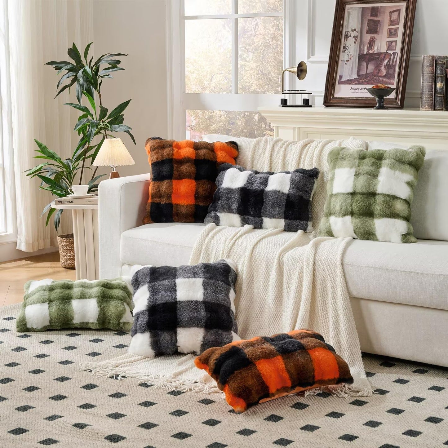 Animebody Set of 2 Faux Fur Cozy Throw Pillow Covers Halloween Decorations Throw Pillows Cushion Pillowcase for Sofa Couch,Orange-Black Grid Print 24 x 24 Inch