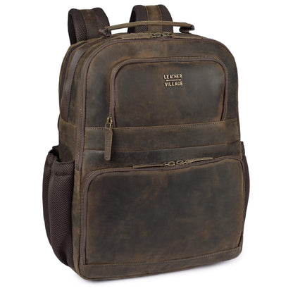 LEATHER VILLAGE Vintage Leather Laptop Backpack for Men & Women, Professional Business Bag Fits 17”- Laptop, Travel Hiking Daypack with Trolley Strap - Distressed Brown