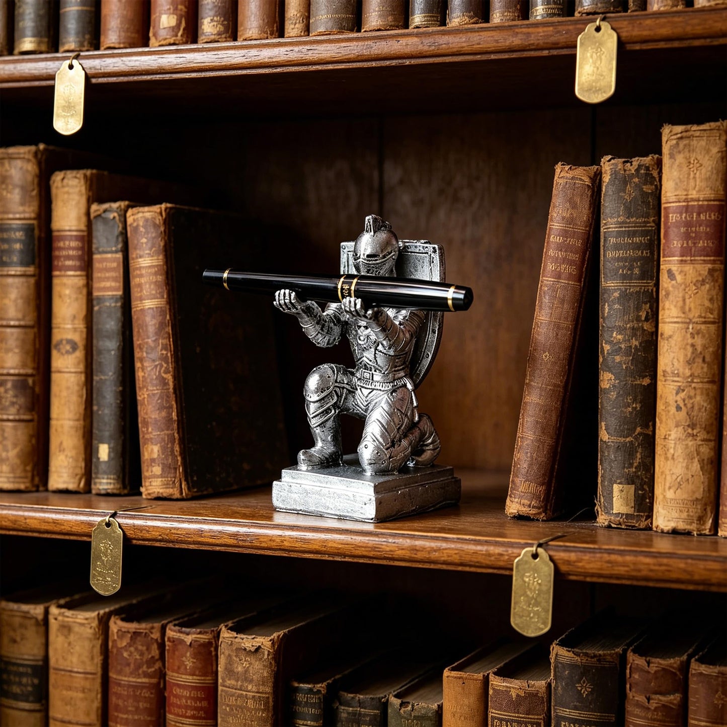 Resin Soldier Shield Knight Decor Statue Pen Holder Base for Desk, Desktop Organizer Pencil Stand Display for Office, School, Home, as Gift for Men Father