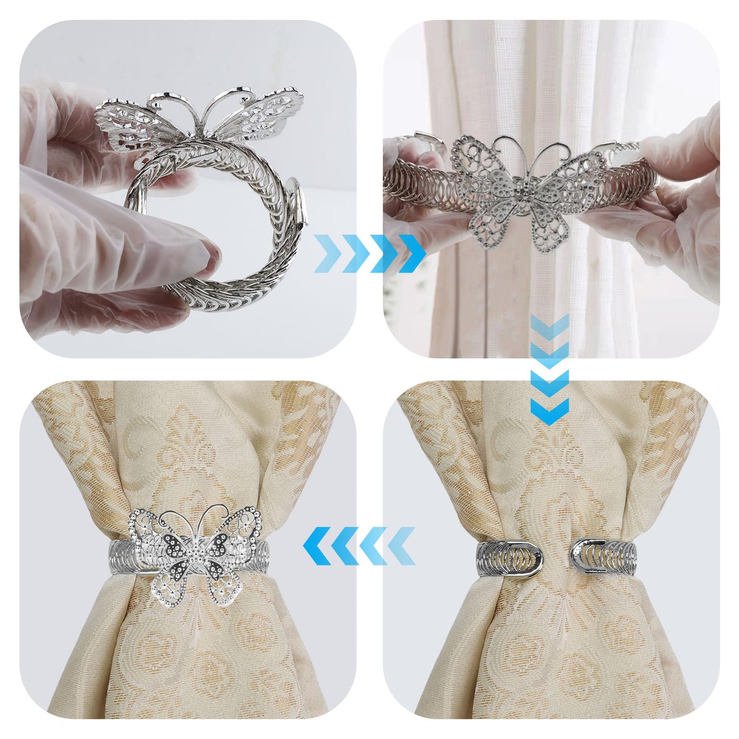 Chinflly Silver Butterfly Curtain Tiebacks No-Drill Modern Metal Curtain Holdbacks Easy to Install for Rental House Dorm Present Elegant Home Decor, 2 Packs
