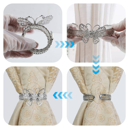 Chinflly Silver Butterfly Curtain Tiebacks No-Drill Modern Metal Curtain Holdbacks Easy to Install for Rental House Dorm Present Elegant Home Decor, 2 Packs