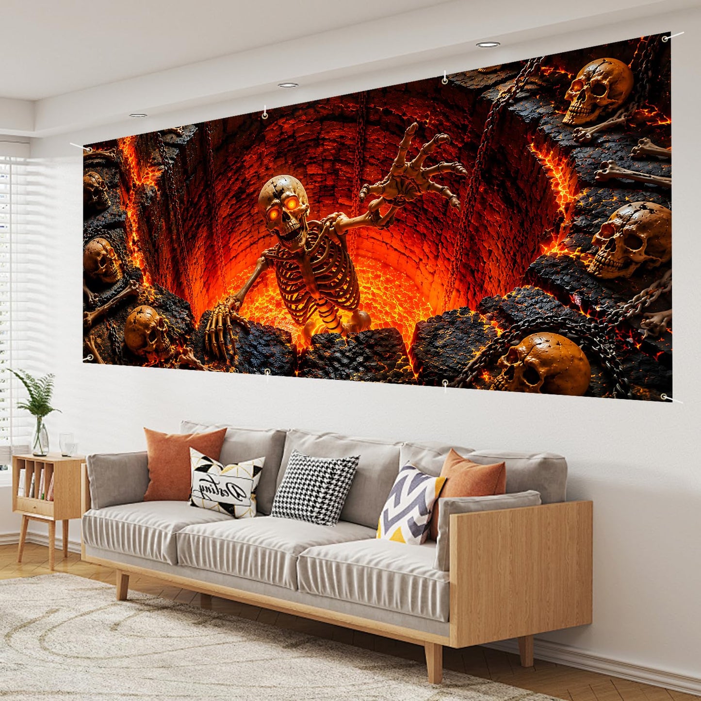 16x7 Ft Halloween Garage Door Banner Cover Decorations, Scary Skeleton Floating in Hell Fire Lava Backdrop, Large Creepy Skulls Outdoor Wall Mural Decor for Double Car Garage Door Holiday Party