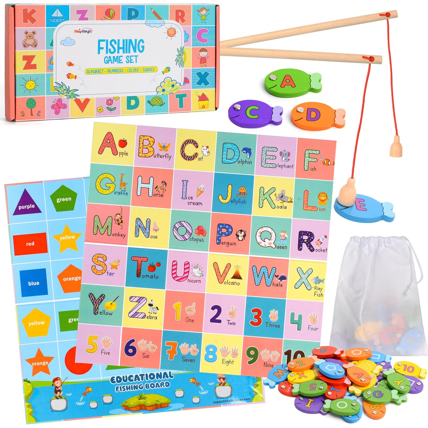 Haktoys Fishing Alphabet Game Montessori Magnetic Learning Toy, 4-in-1 ABC Letters, Numbers, Colors and Shapes Educational Game for Toddlers Preschool Kids, Fishing for Numbers