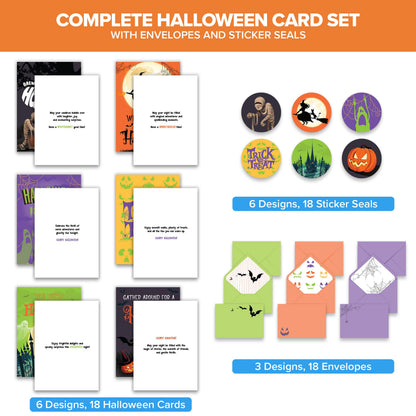 Decorably 18 Pack 5x7in Happy Halloween Cards with Envelopes and Stickers, 6 Adorable Designs Halloween Card Pack with Printed Message Inside