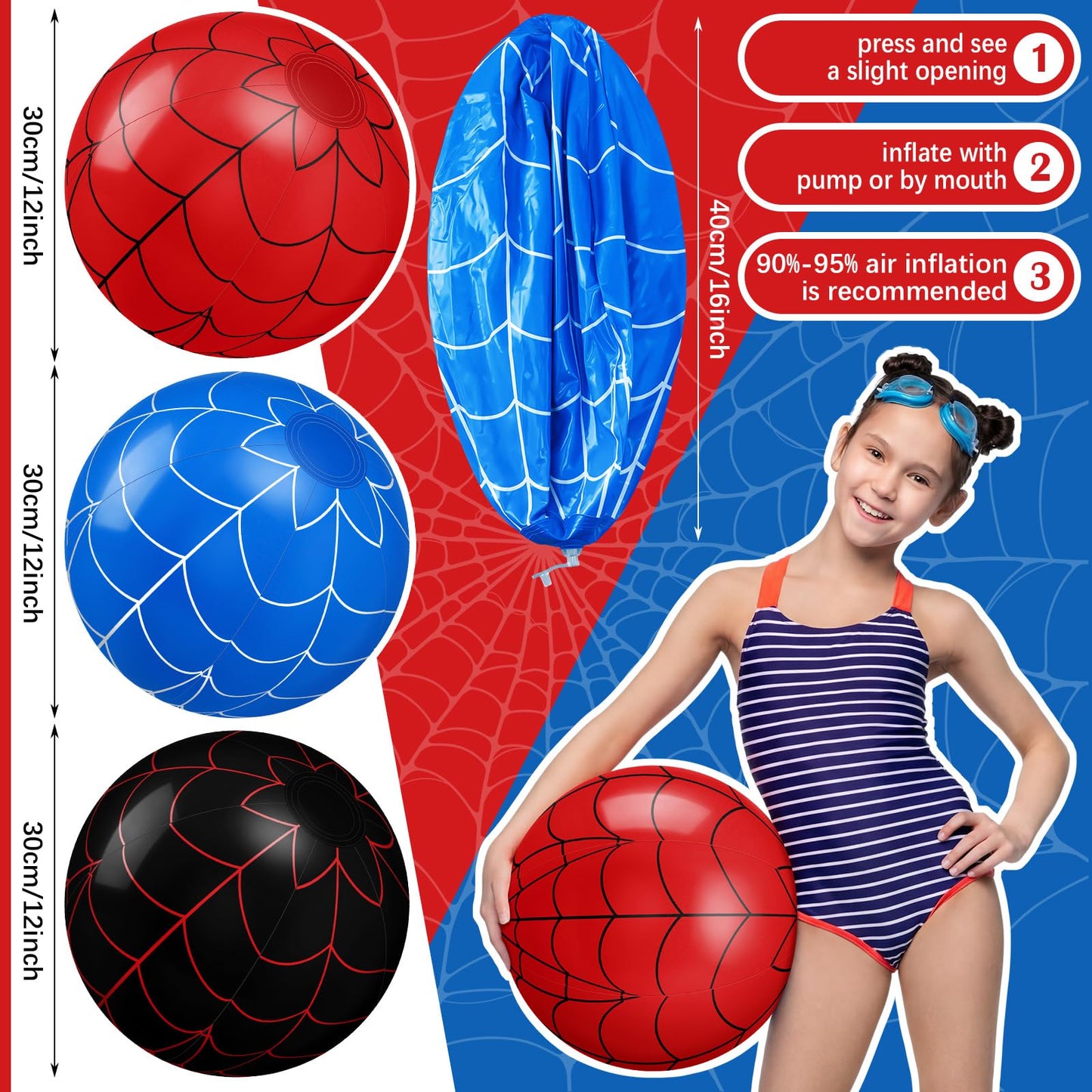 Sotiff 12 Pack 12" Large Spider Web Themed Beach Ball for Kids Birthday Bulk Inflatable Pool Balls for Boys Girls Summer Beach Swimming Pool Birthday Graduation Party Supplies Decoration