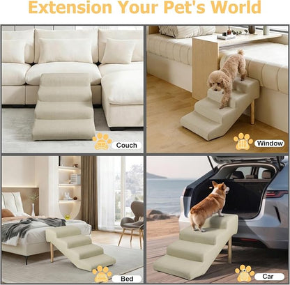 4-Step 18" H Dog Stairs for Bed Couch, Waterproof & Scratch PU Leather Pet Steps for Small Senior Dogs and Cats, Dog Ramp with 220 lbs Maximum, Oak Leg & Solid Wood, Non-Slip Feet, Cream