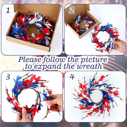 6 PCS Patriotic American Candle Rings Wreaths 4th of July Red White and Blue Floral Candle Rings Holder with Forsythia Flowers Mini Independence Day Wreath for Party Home Table Centerpiece Decor