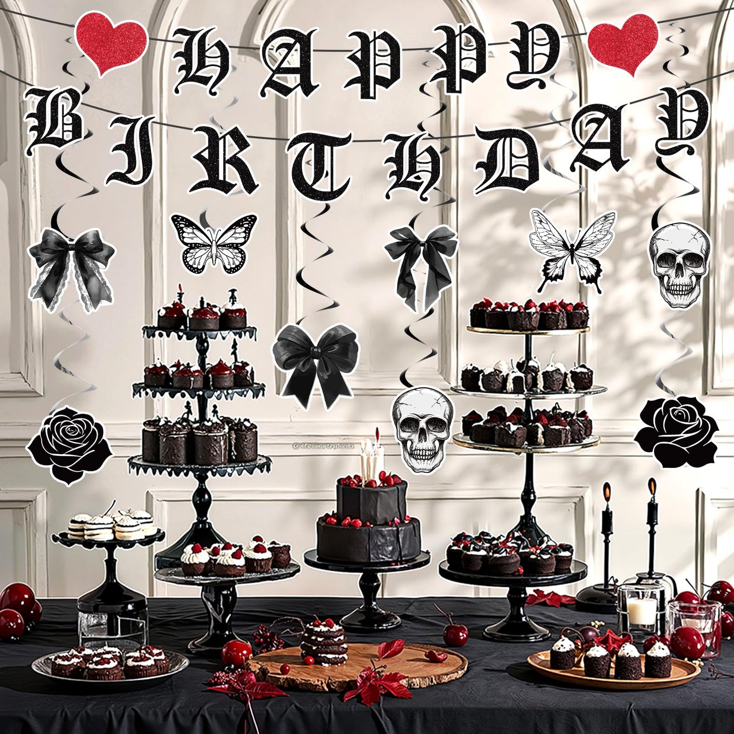 11pcs Gothic Birthday Party Decorations Banner Skull Black Bow Birthday Banner Decorations Hanging Swirls for Death wo My Twenties Rip to My 20s Emo Spooky Halloween Goth Birth day Party Supplies
