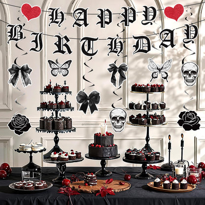 11pcs Gothic Birthday Party Decorations Banner Skull Black Bow Birthday Banner Decorations Hanging Swirls for Death wo My Twenties Rip to My 20s Emo Spooky Halloween Goth Birth day Party Supplies