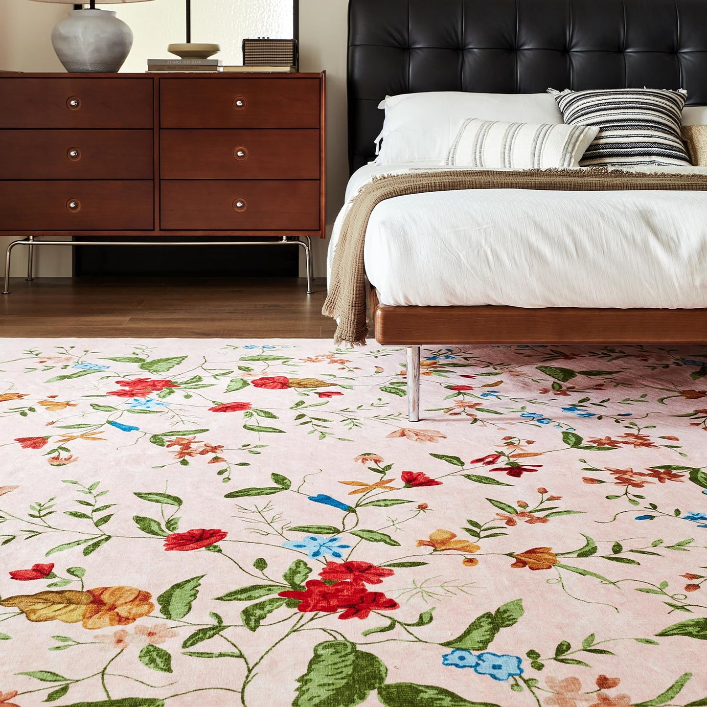 Triohero Bedroom Rug 4x6 Washable Non Slip Area Rug Bohemian Carpet Stain Resistant Spillproof Polyester Floral Area Rug Foldable Pet & Kid Friendly 4x6 Rug for Living Room, Bedroom, Kitchen