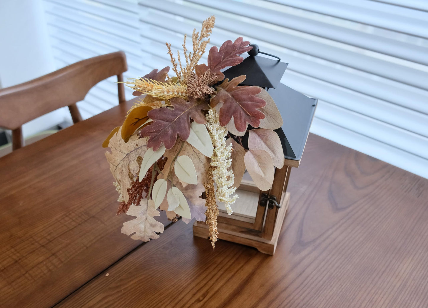 LushNook Fall Lantern Decoration, Large Wooden Hurricane Candle Lantern Decorated with Autumn Wheat Leaves, Fall Decor for Home, 14" Tall