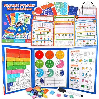 Magnetic Fraction Demonstration Book with Magnetic Fraction Tiles & Circles, Hands-On Fraction Manipulatives for Kids, Visual Math Learning Set for Classroom, Homeschool & Early Math Practice