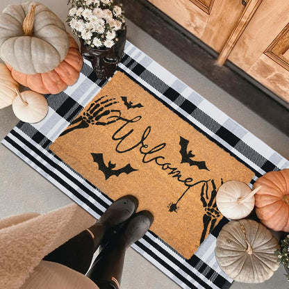 Fallovea Halloween Welcome Door Mat Combo Set, Skeletal Hand Coco Coir Doormat -28" x 43" Black and White Striped Rug, Autumn Front Porch Entryway Decor Floor Mat