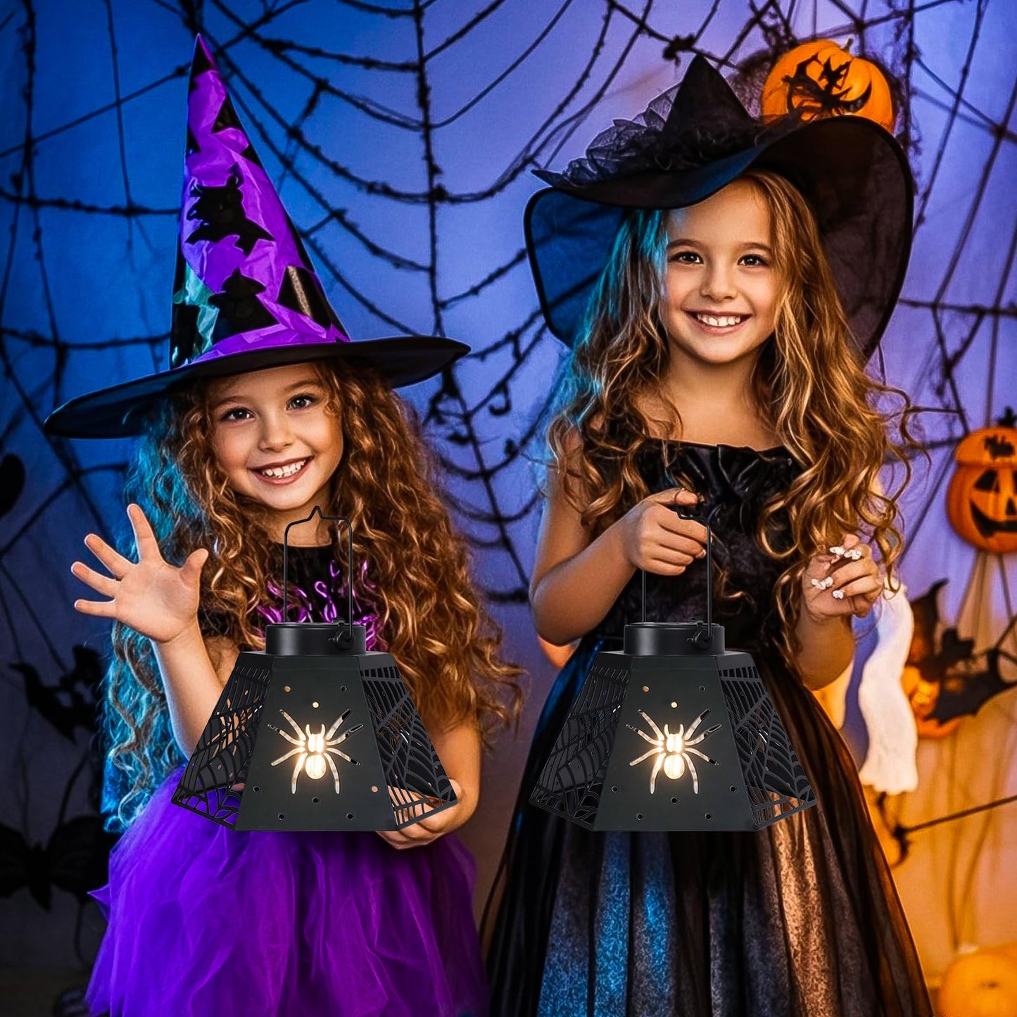 WONDER GARDEN Halloween Lantern Lights, 2 Pack Solar Hanging Spider Wed Lights, Metal Decorative Light for Outdoor Porch Yard Garden Tree Decor