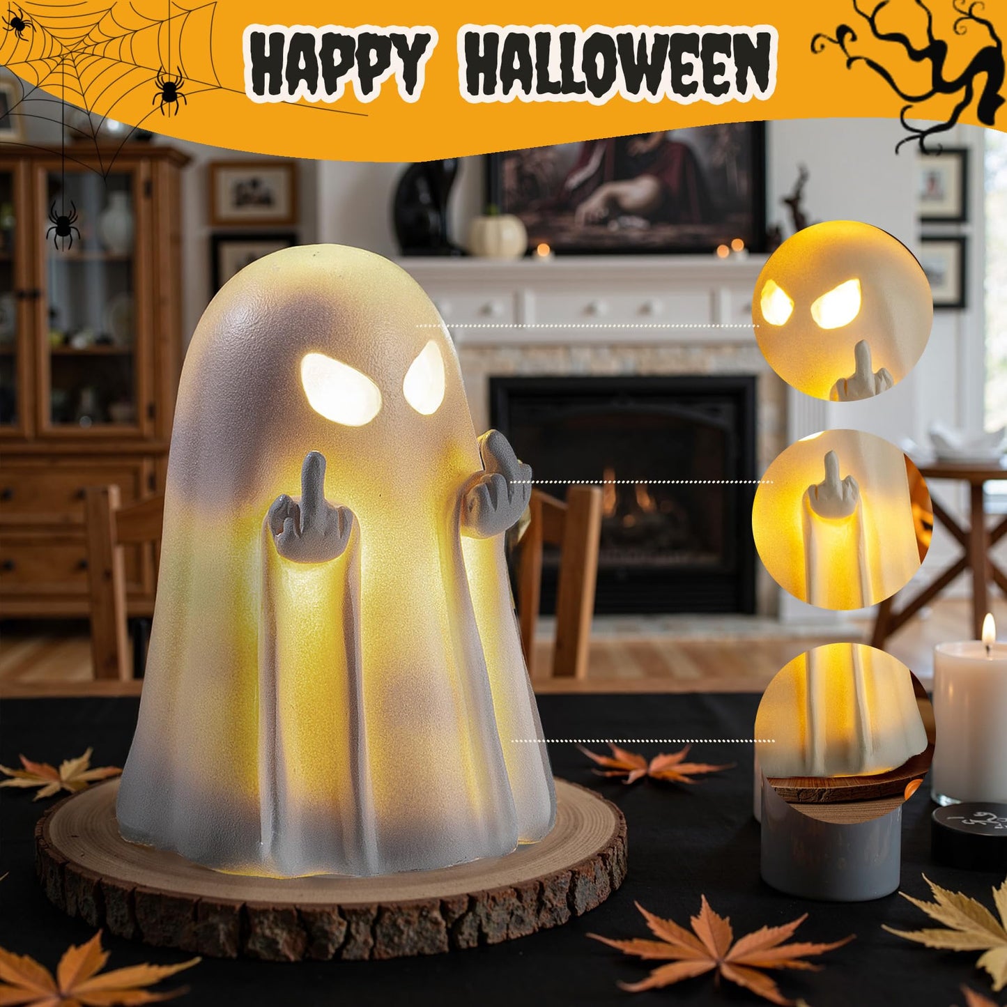 UNDWXFS Halloween Middle Light Up Ghost Figurine,5.1" Large Cute Spooky Ghost Statue,Halloween Decorations Indoor,Resin Statue for Party, Home, Indoor & Porch Decor