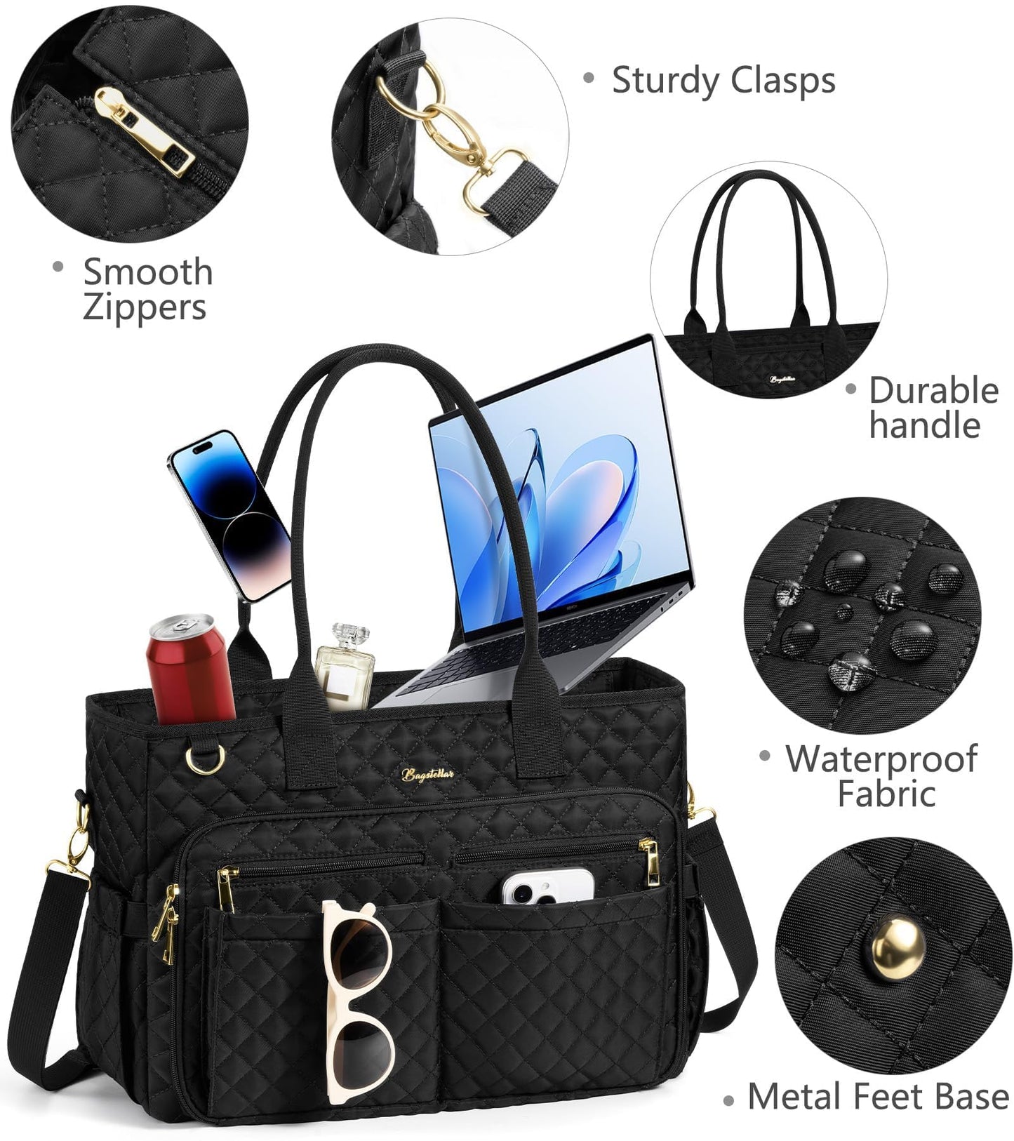 Teacher Tote Bags for Women, 15.6 inch Laptop Work Tote Nurse Bible Bag With Large Cup Holder & Insulated Pocket Quilted Shoulder Handbag Laptop Briefcase for Work, Daily, School, Travel, Gifts