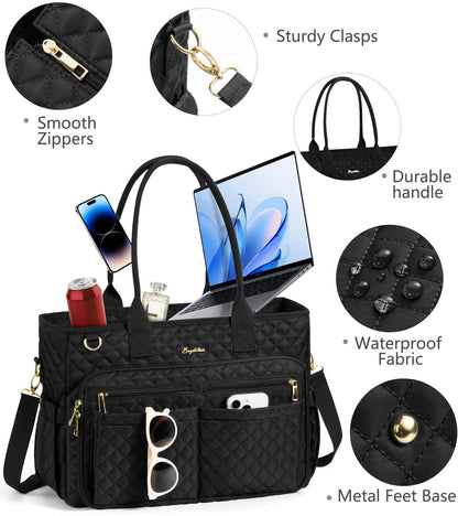 Teacher Tote Bags for Women, 15.6 inch Laptop Work Tote Nurse Bible Bag With Large Cup Holder & Insulated Pocket Quilted Shoulder Handbag Laptop Briefcase for Work, Daily, School, Travel, Gifts