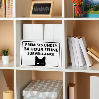 Premises under 24 Hour Feline Surveillance - Funny Cat Sign, Metal - 8" x 12" - Cat Signs for Home Decor, Gift for Cat Lovers, Cat Warning Sign, Cat Lady Sign - ENVISIONED Signage