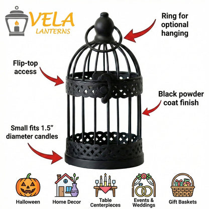 Vela Lanterns Bird Cage Decorative Candle Holders, Black, Small, 4-Pack