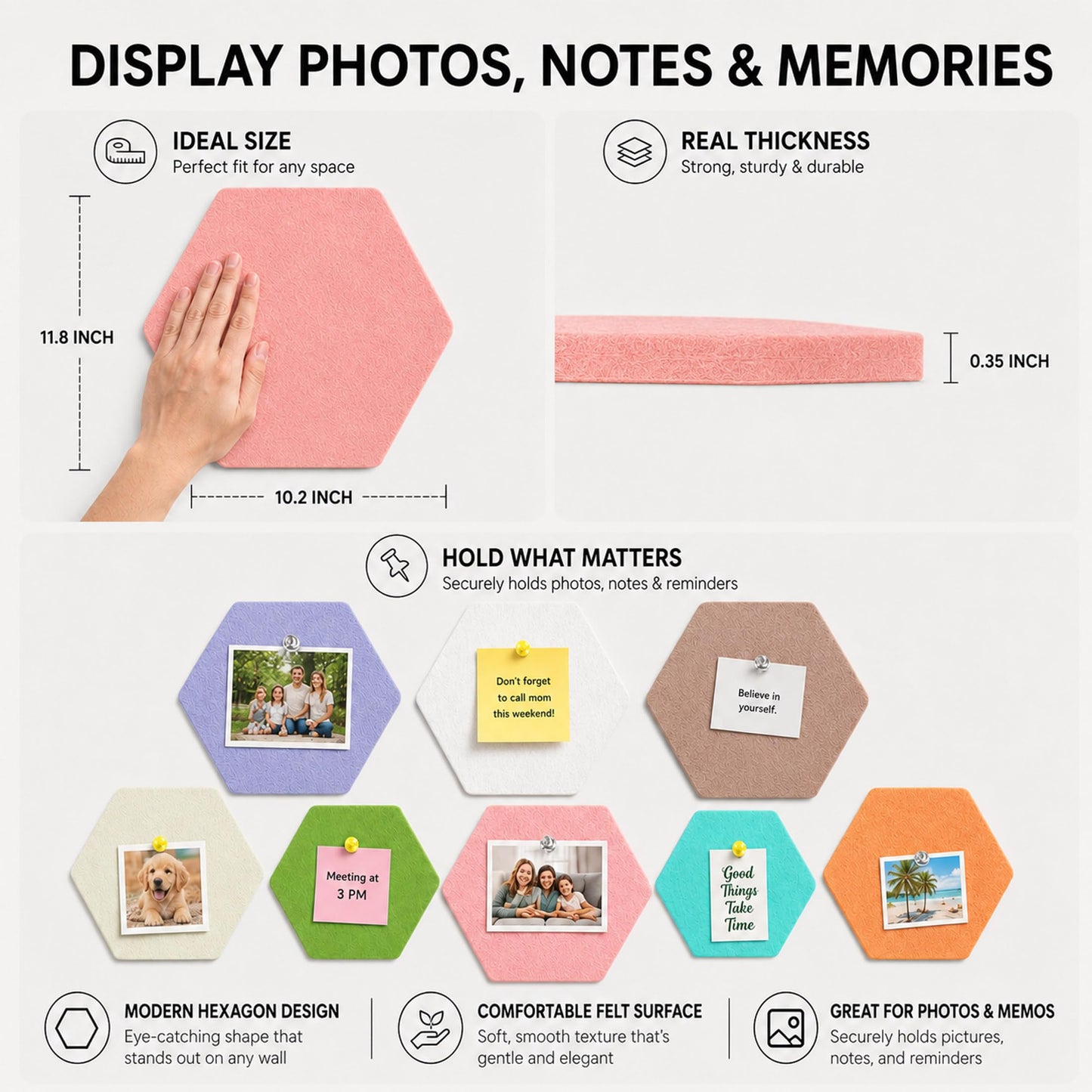 HBK 10 Pack Self Adhesive Felt Bulletin Board Tiles for Wall, 12 Inch Hexagon Pin Board Set with Cute Shapes and Push Pins, Photo Memo Board for Kids Room, Nursery, Classroom, Home Office Decor