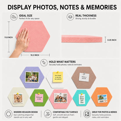 HBK 10 Pack Self Adhesive Felt Bulletin Board Tiles for Wall, 12 Inch Hexagon Pin Board Set with Cute Shapes and Push Pins, Photo Memo Board for Kids Room, Nursery, Classroom, Home Office Decor
