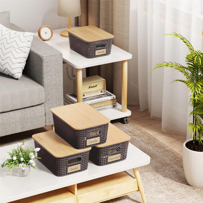6Pcs Storage Bins with Lids, Stackable Plastic Storage Basket with Bamboo Lid, Pantry Organizer Box Small Containers for Organizing Shelves Drawer Desktop Closet Cabinet Office Classroom 10x7.1x4.1in