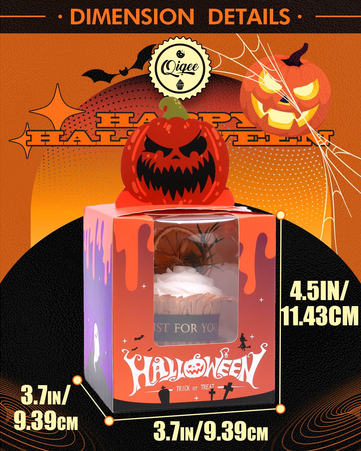 qiqee Halloween Individual Cupcake Boxes Cupcake Holders Disposable 25pcs Single Cupcake Boxes with Window 3.7x3.7x4.5 Cupcake Containers for Halloween
