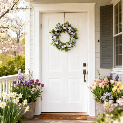 Zkieire 20 Inch Purple Artificial Lilac Daisy Pansy Wreath - Floral Wreath with Greenery for Front Door Wall Window, Spring Summer Indoor Outdoor Decor