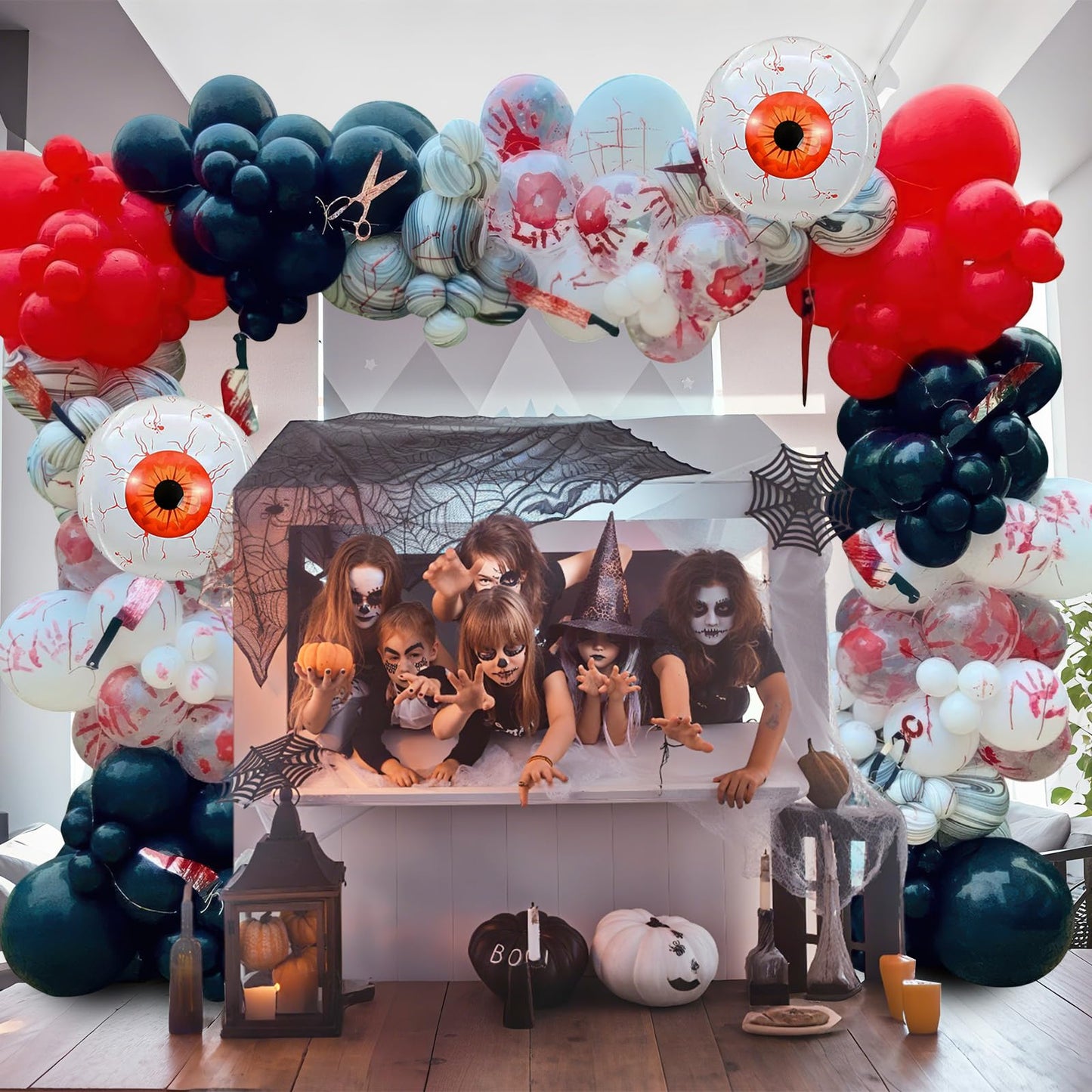 Halloween Balloons Arch Scary Bloody Red White Balloons Garland with Spider Web 3D Spider Stickers Eyeball Blood Handprint Latex Helium Balloon Halloween Birthday Party Decorations Haunted House