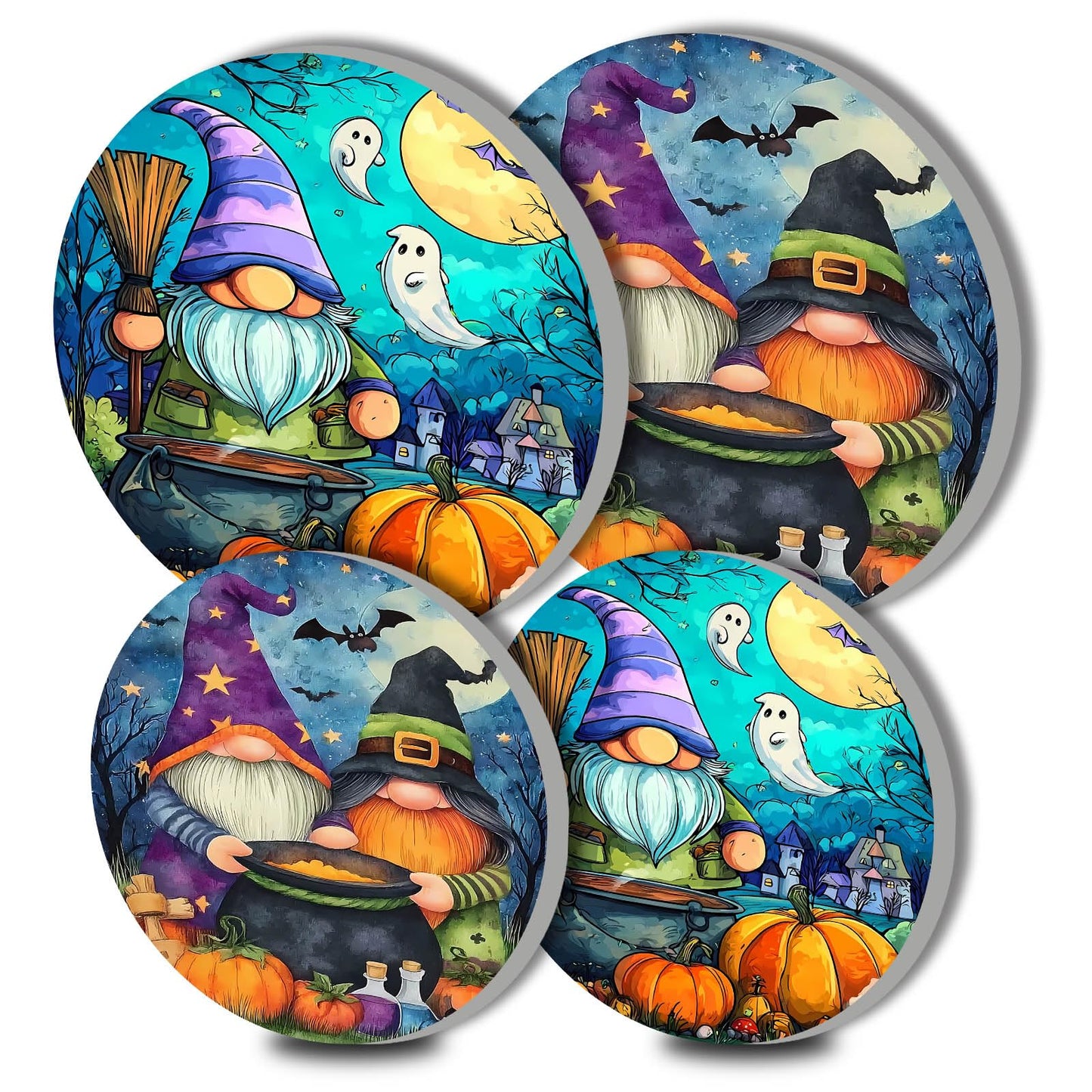 Halloween Gnome Art Electric Stove Burner Covers,4 Pcs Pumkin,Ghosts Stove Burner Covers,Two Dwarf Making Poison Stove Burner Cover,8 Inch and 10 Inch, Spooky Night Metal Cooktop Home Decorative