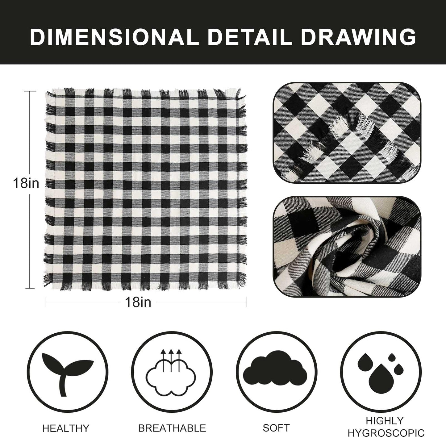 wonlex Buffalo Check Cloth Napkins Set of 6, 18 x 18 Inches Plaid Dinner Napkins, Reusable Washable Napkins for Halloween, Wedding, Parties, Festival, Cocktail (Black-White)