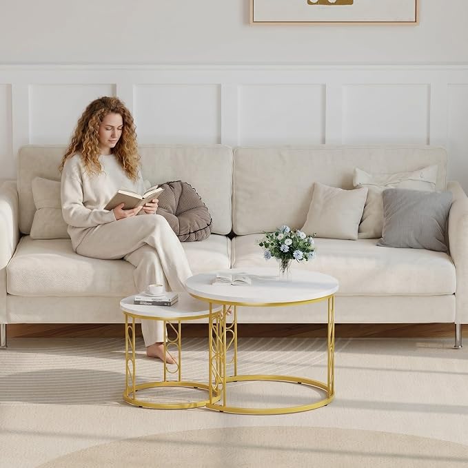 Garden 4 you Coffee Table Faux Marble Nesting Table for Small Place 2 Sets Modern Furniture Living Room Sets End Side Table Night Stand for Bed Room Dining Room (White & Gold)