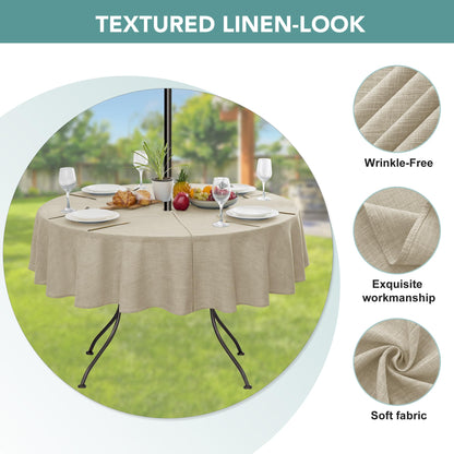 Outdoor Tablecloth with Umbrella Hole - Patio Table Cloth Zippered Round 60 Inch, Linen-Look Polyester Table Cover Water Resistant for Picnic Outside, Natural Color
