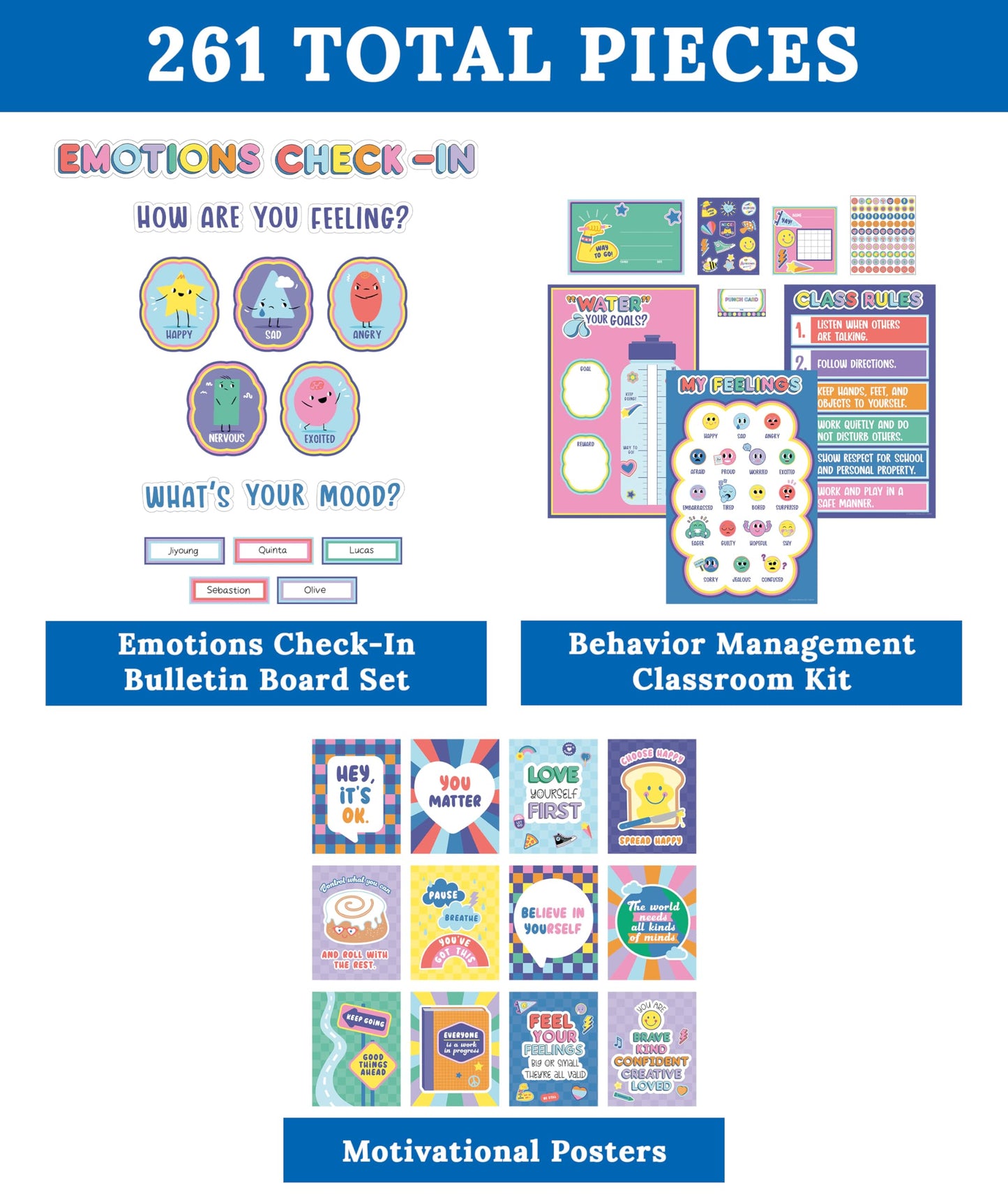 Carson Dellosa We Stick Together 261Pc Classroom Management Set, Colorful Birthday Crowns for Classroom, Motivational Bulletin Board Sets, Feelings Chart, Stickers, Punch Cards & More School Supplies