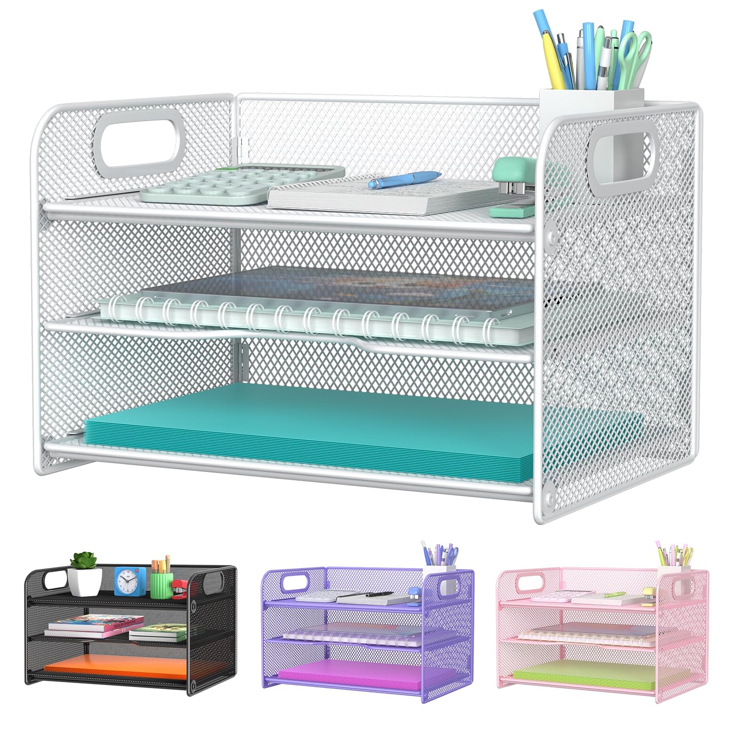 Samstar 3 Tier White Letter Tray Paper Organizer with Handle, Mesh Desk Organizer Paper Sorter File Rack Shelves, White