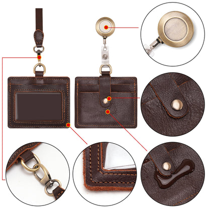 Wonderpool Leather Horizontal Badge Holder with Detachable Neck Lanyard and Retractable Badge Reel Clip, Card Slots Case ID Card Holder for ID Badges Card and Driver Licence (Coffee)