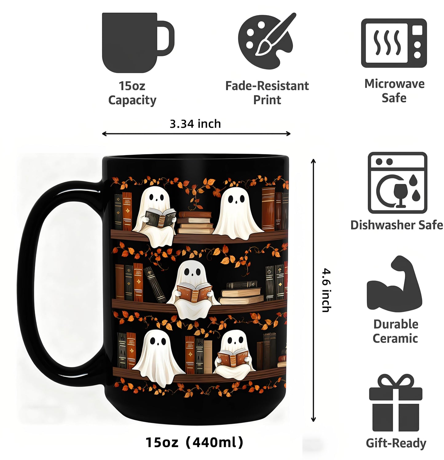 BORULEEY Halloween Cute Ghost Reading Coffee Mug, 15 oz Black Ceramic Tea Cup, Spooky Book Mug for Book Lovers & Readers, Novelty Fun Festive Bookish Gift for Women, Friends & Coworkers