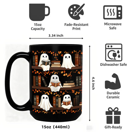 BORULEEY Halloween Cute Ghost Reading Coffee Mug, 15 oz Black Ceramic Tea Cup, Spooky Book Mug for Book Lovers & Readers, Novelty Fun Festive Bookish Gift for Women, Friends & Coworkers