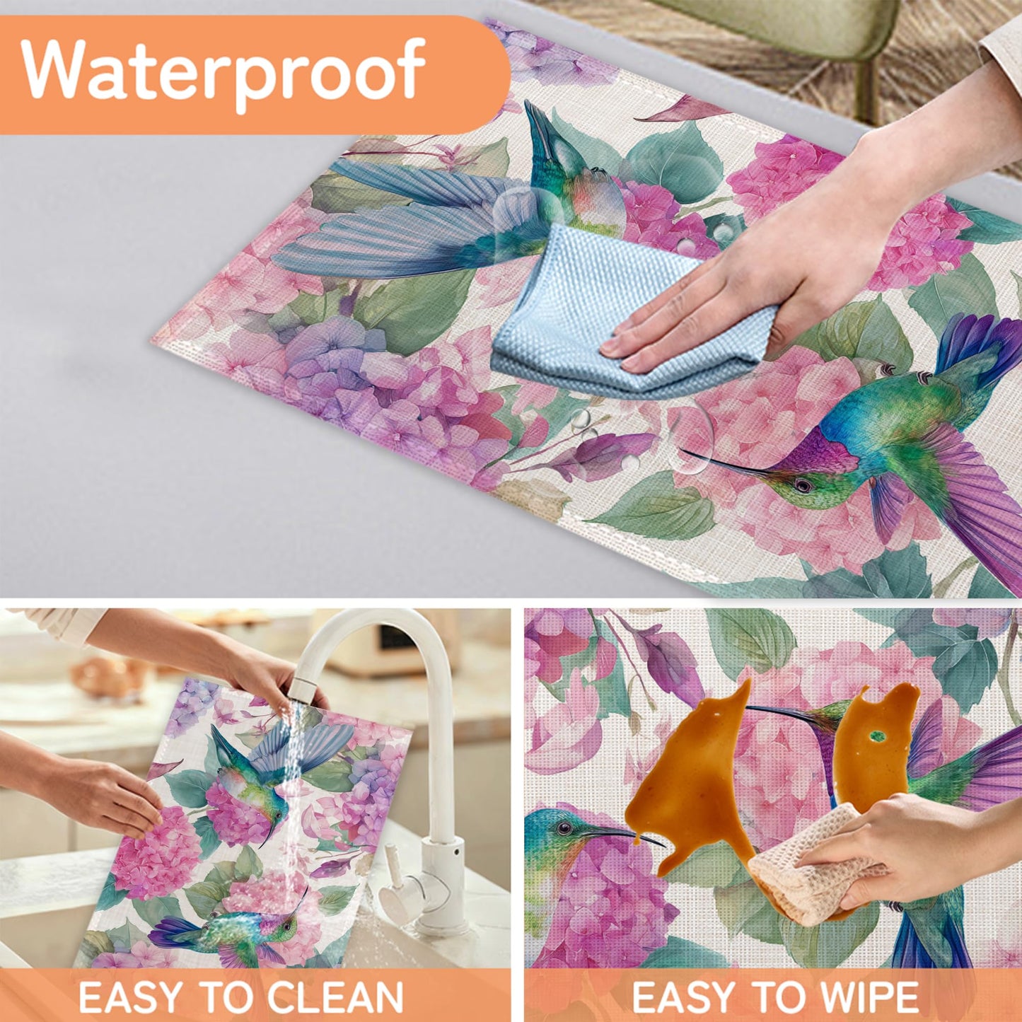 Hummingbird Placemat Set of 6,Flower Floral Heat Resistant Linen Table Mats for Indoor Outdoor Home Kitchen Dining Room Table 12x18Inch