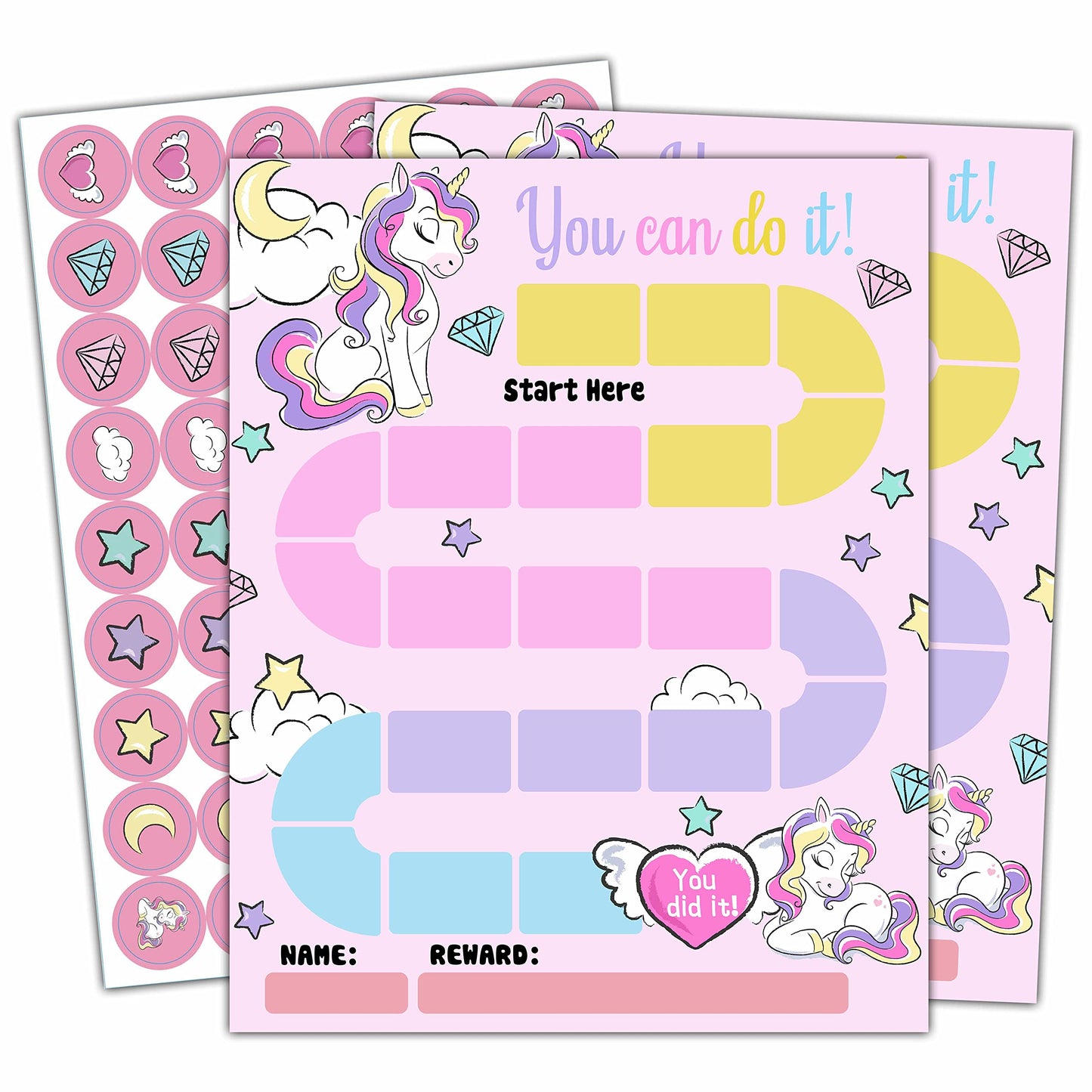 10 Unicorn Reward Chart with 216 Round Stickers, Incentive Behavior Chart for Kids at Home Classroom, Kids Routine Daily Chore Sticker Chart-A21