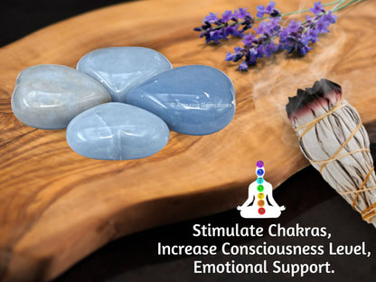 Amazing Gemstone Angelite Crystal Heart Palm Stone - Pocket Massage Worry Stone for Natural Body Chakra Balancing, Reiki Healing and Crystal Grid