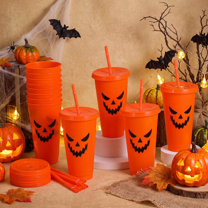 Honeydak 12 Pcs Summer Halloween Pumpkin Plastic Cups 24 oz Reusable Jack O Lantern Pumpkin Tumblers with Lids and Straws for Hot/cold Drinks for Iced Coffee Home Office Decoration Party Favors