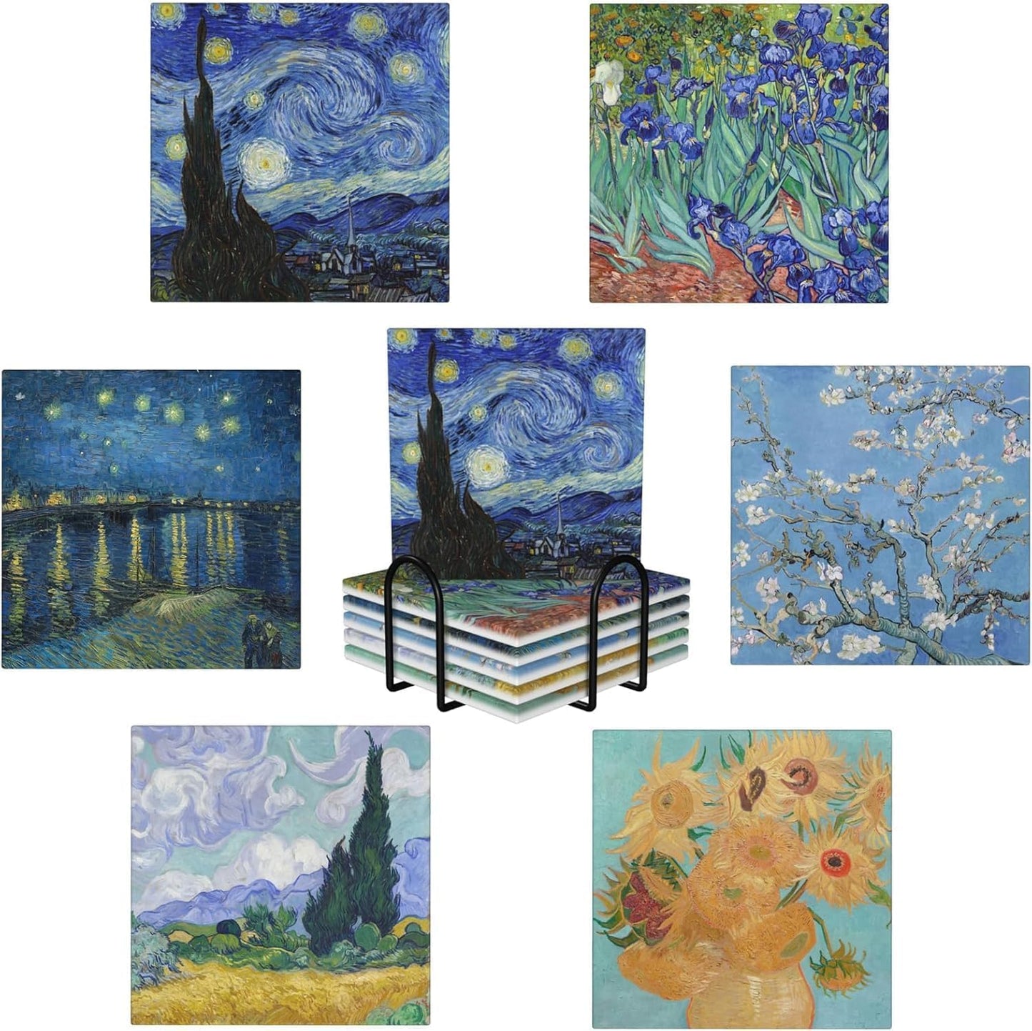 GERLNF Absorbent Ceramic Coasters for Drinks with Cork Base Art Coasters Set of 6 - Use 6 Famous Paintings, Unique Housewarming Gifts for Home Decorative (Square - Van Gogh - 1)