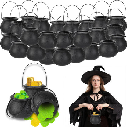 Junware 24pcs Mini Cauldrons with Handle Halloween, Witch Mini Cauldron Multi-purposed, Plastic Cauldron Candy Holder for Halloween & St. Patrick’s Day Party Favors Decor, Halloween Pot
